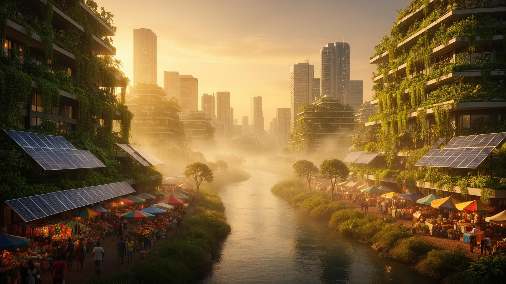 Vision of a regenerative African city at dawn with green skyline, urban farms, clean river, vibrant markets